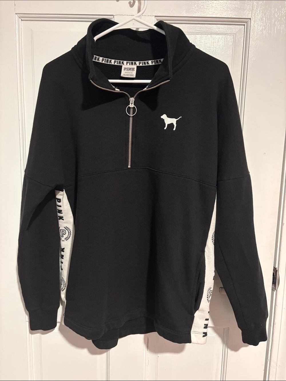 PINK Victoria's Secret Black Half-Zip Pullover with White Dog Logo